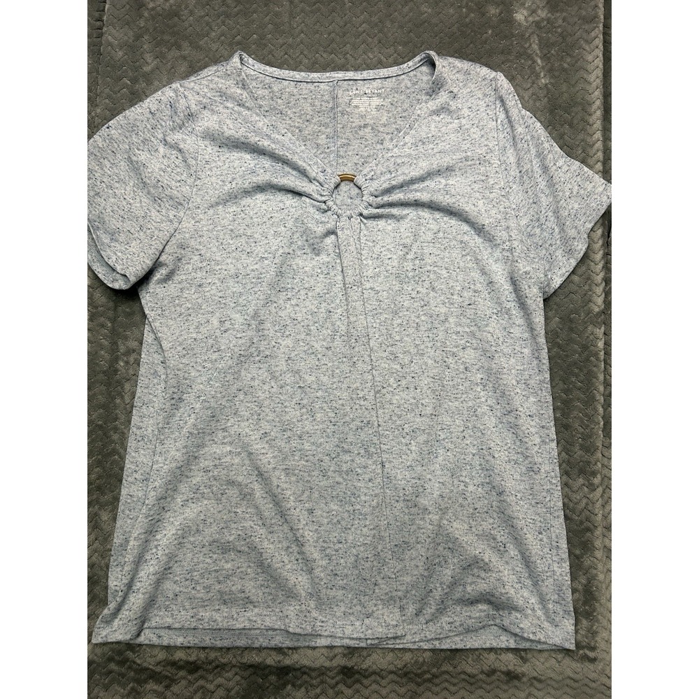 Lane Bryant Blue Heathered Linen Blend O-Ring V-Neck Short Sleeve Top Size 14/16